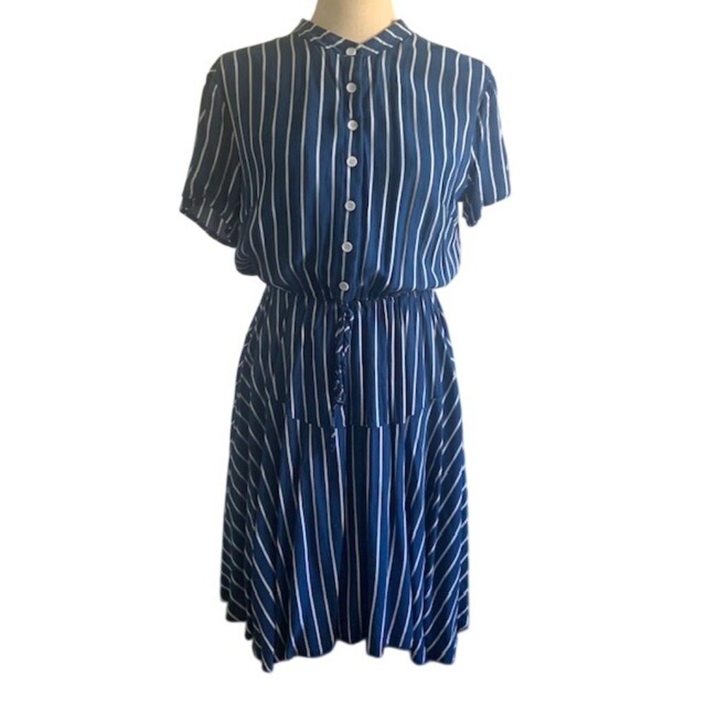 Vertical Stripe Midi Dress M Cotton Stretch Tie Front Waist Coastal Librarian